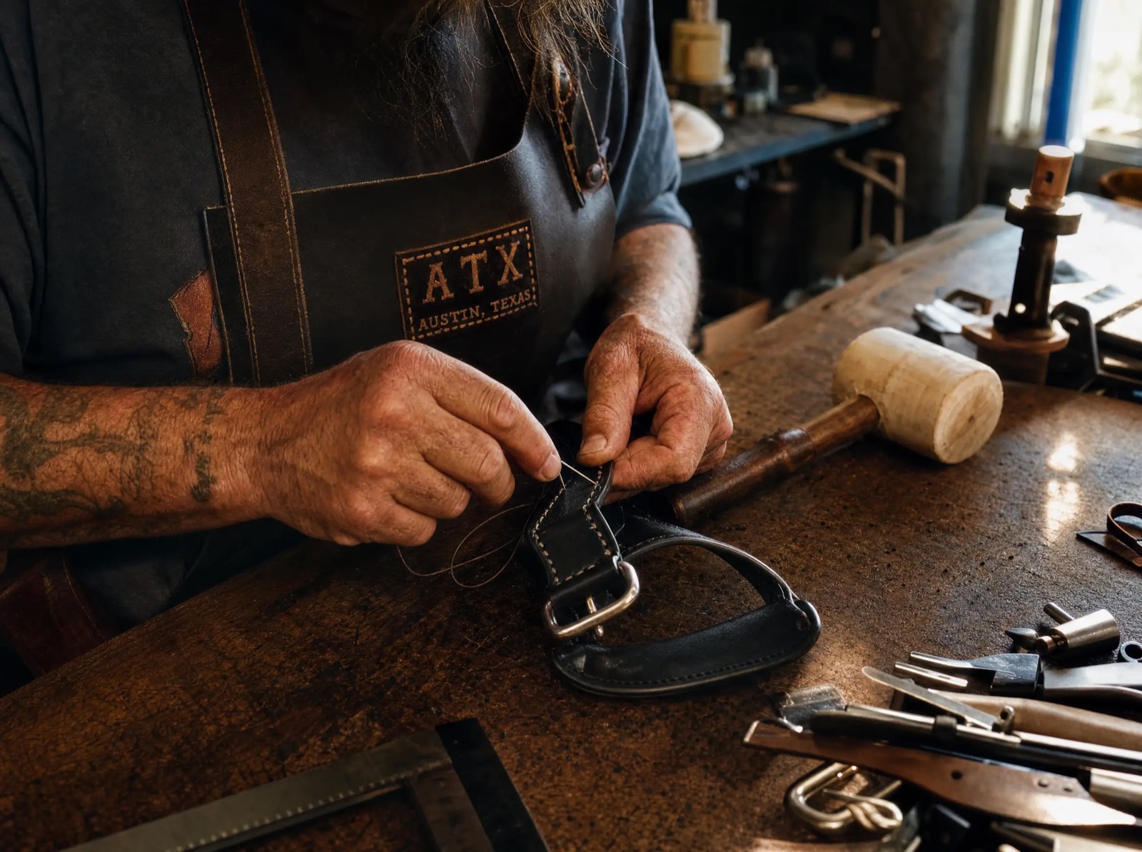 Hands stitching a black leather harness strap at the Austin workbench